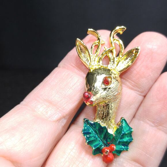 Vintage Rudolph Red Nose Reindeer Brooch, Enamel Holly, 1960s, 2 Inches - Picture 4 of 10